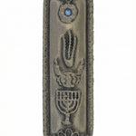 High-resolution image of an Israeli-made 4-inch Menorah Mezuzah with detailed engravings, Hebrew letters, and decorative motifs, on a pure white background with soft reflection.