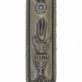 High-resolution image of an Israeli-made 4-inch Menorah Mezuzah with detailed engravings, Hebrew letters, and decorative motifs, on a pure white background with soft reflection.