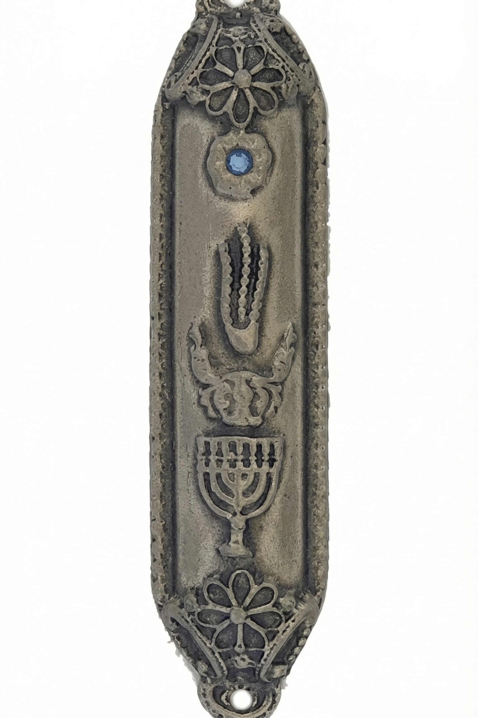 High-resolution image of an Israeli-made 4-inch Menorah Mezuzah with detailed engravings, Hebrew letters, and decorative motifs, on a pure white background with soft reflection.