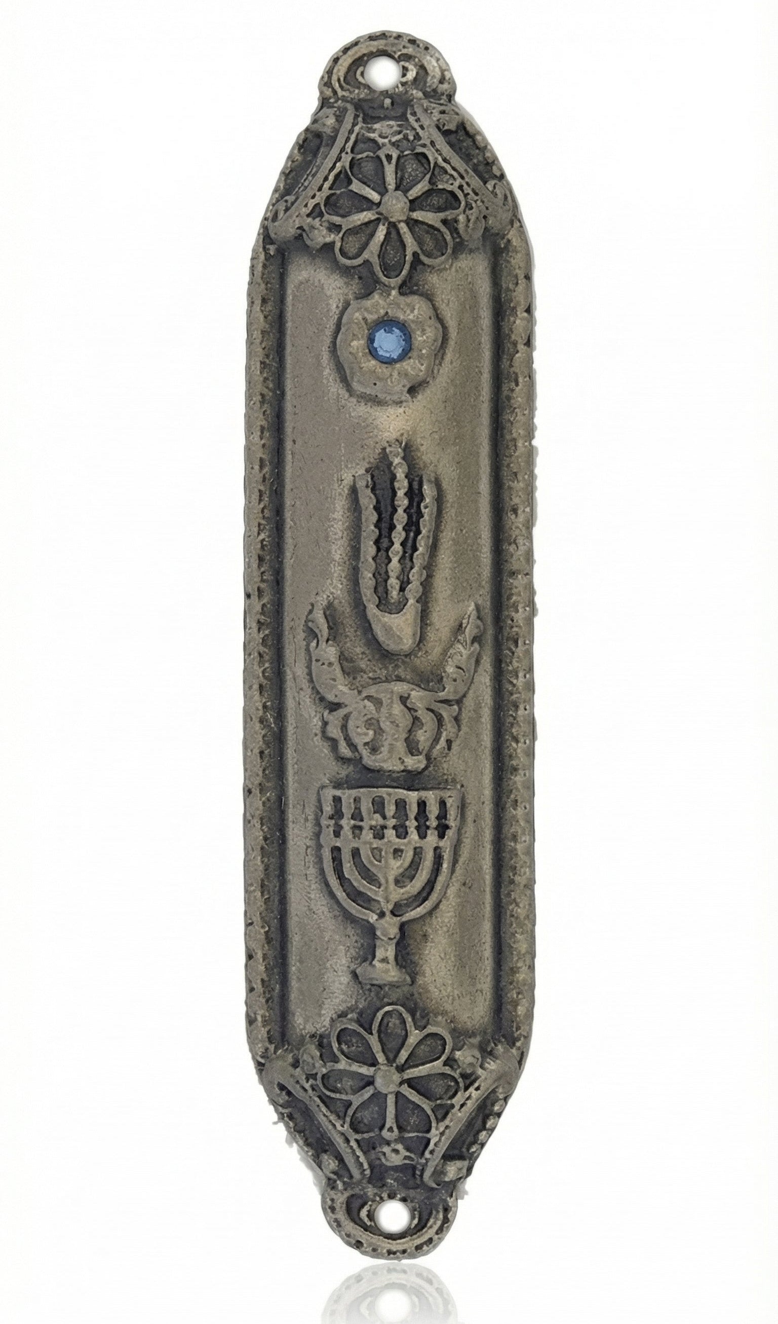 High-resolution image of an Israeli-made 4-inch Menorah Mezuzah with detailed engravings, Hebrew letters, and decorative motifs, on a pure white background with soft reflection.