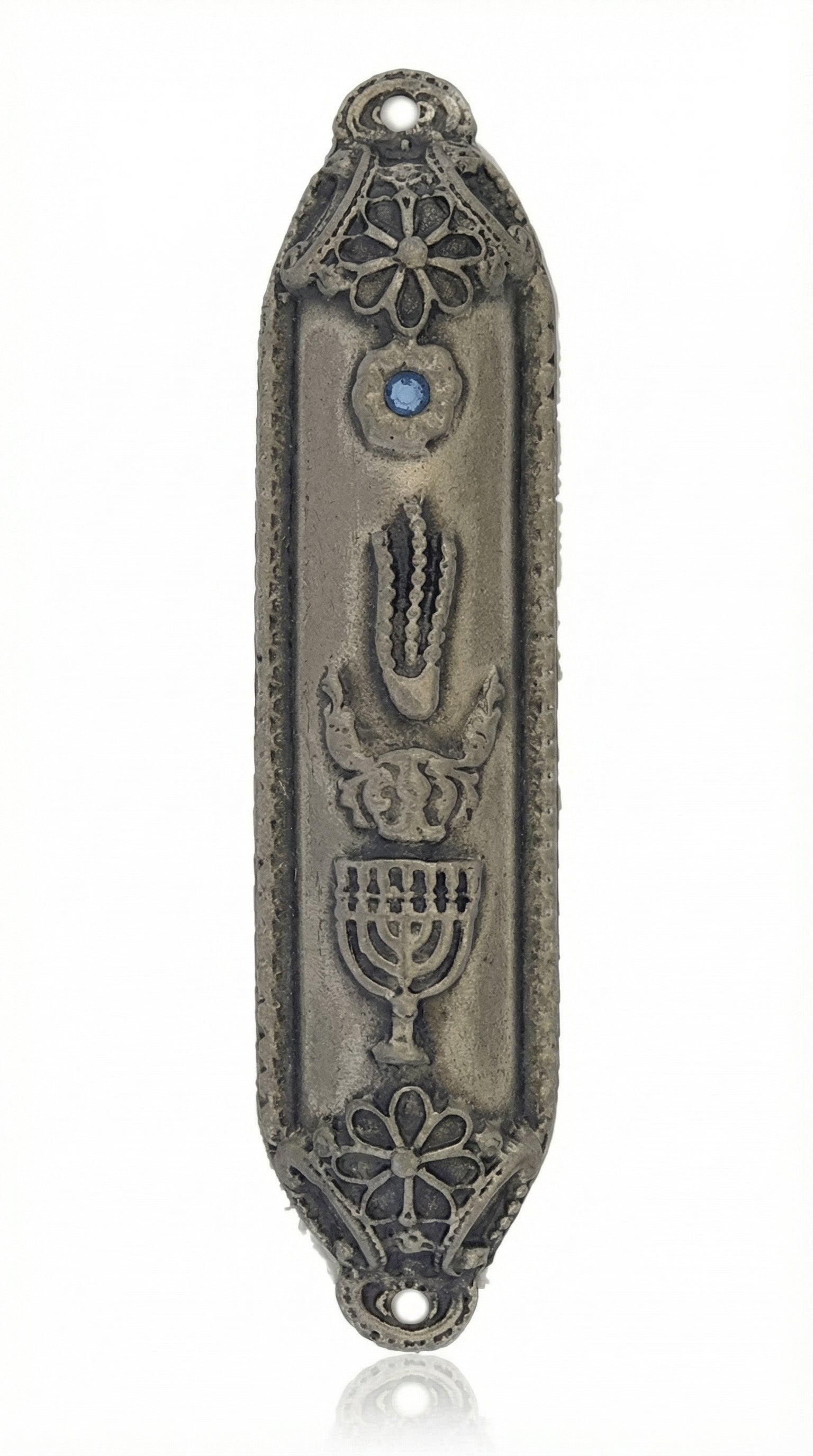 High-resolution image of an Israeli-made 4-inch Menorah Mezuzah with detailed engravings, Hebrew letters, and decorative motifs, on a pure white background with soft reflection.