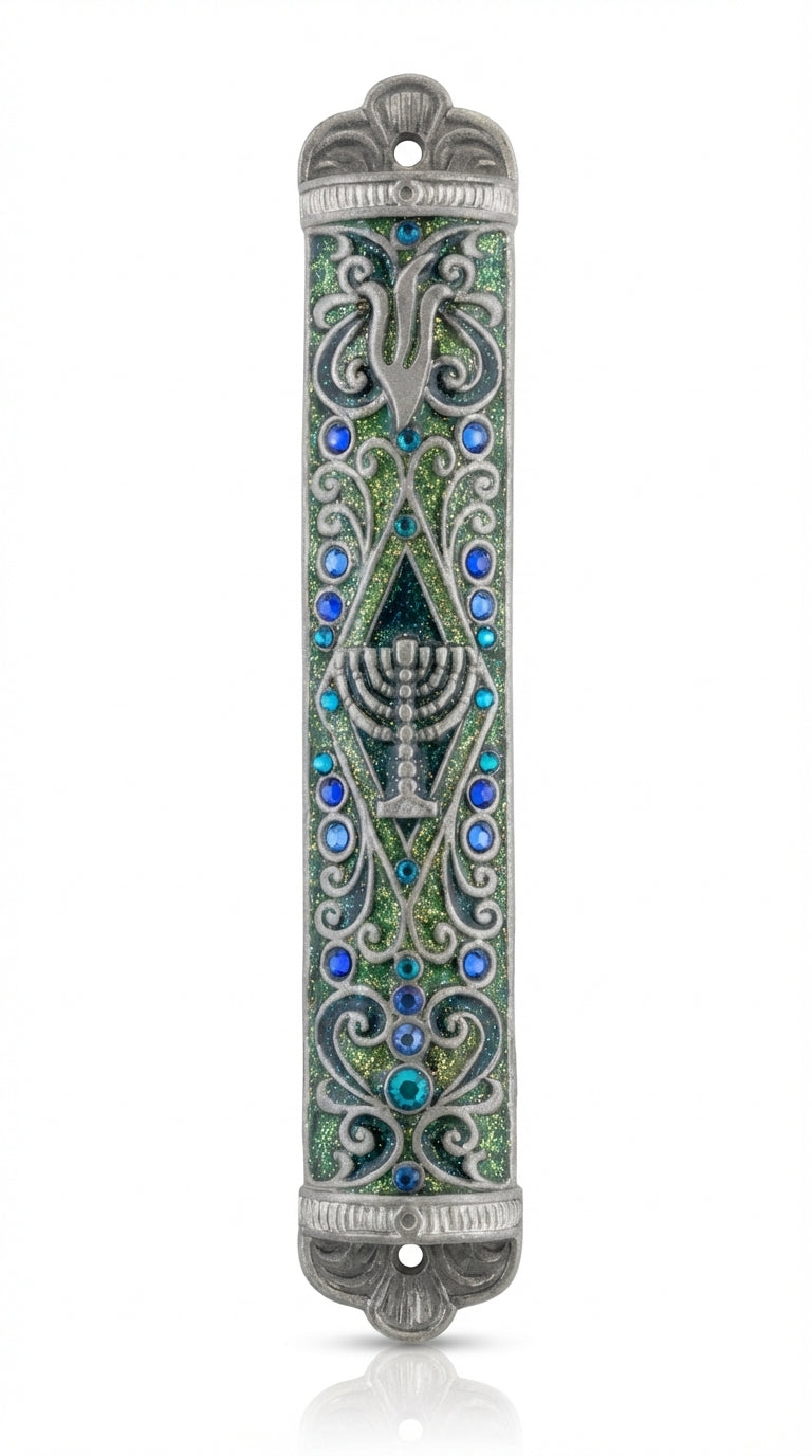 Upscale pewter Menorah Mezuzah with Hebrew script, detailed design, and optional scroll inside, designed for home doorways.