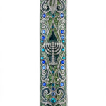 Upscale pewter Menorah Mezuzah with Hebrew script, detailed design, and optional scroll inside, designed for home doorways.