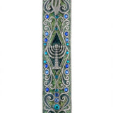 Upscale pewter Menorah Mezuzah with Hebrew script, detailed design, and optional scroll inside, designed for home doorways.
