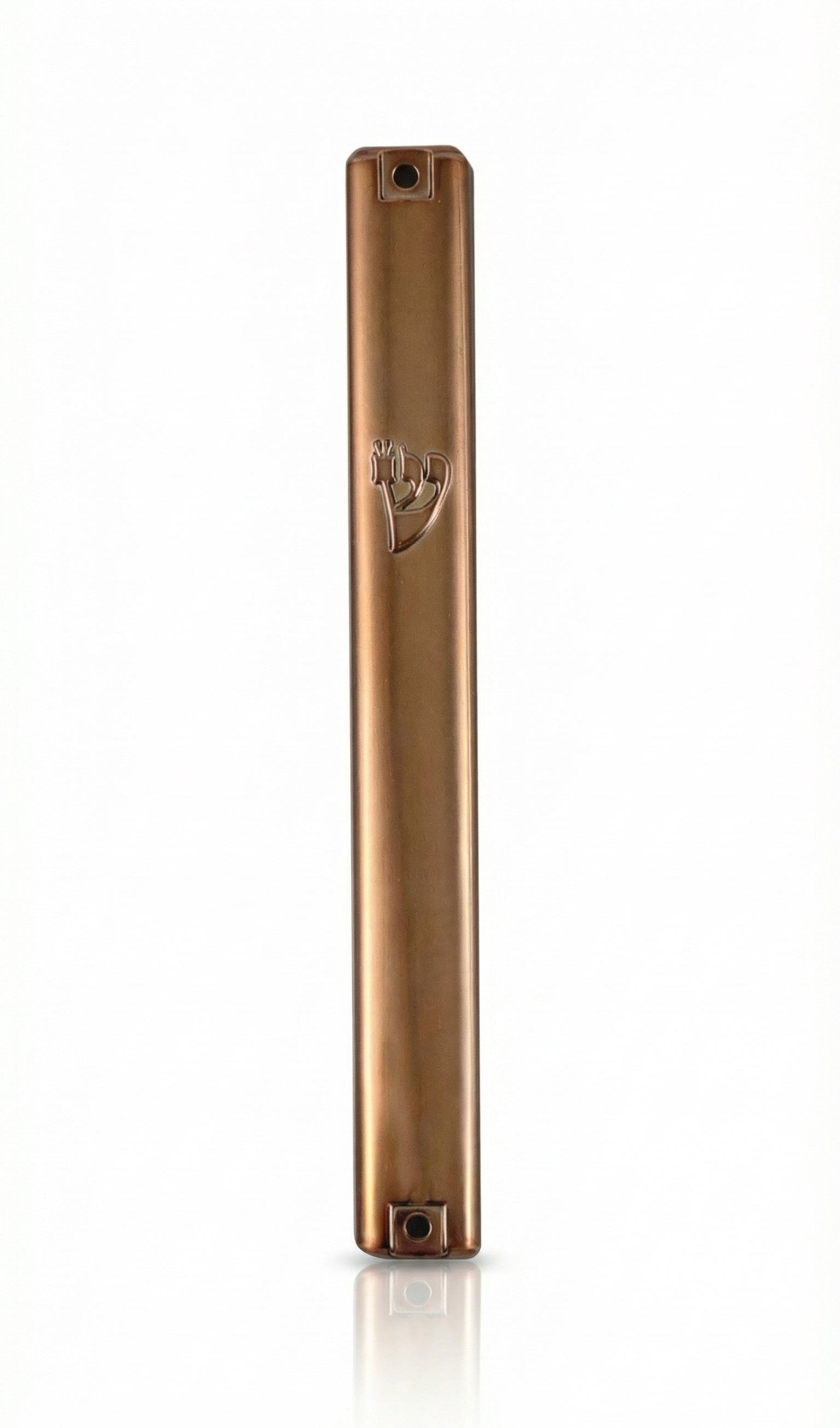 High-resolution image of an authentic metallic copper mezuzah from Israel, with detailed engraving and decorative motifs, styled on a clean white background.