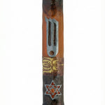 High-quality Magen Mezuzah made of pewter and hand painted with enamel, displayed on a clean white studio background with a subtle reflection.