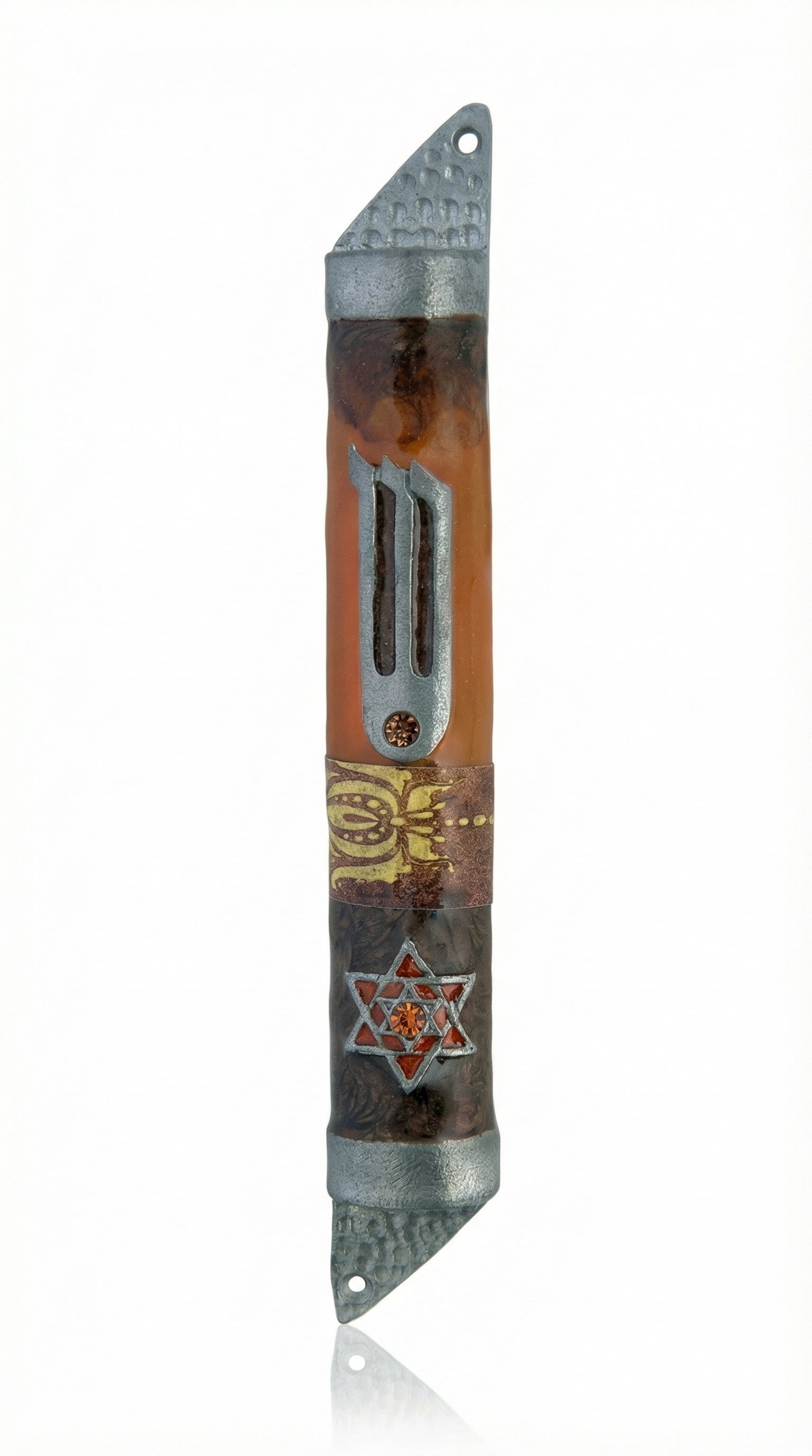 Hand painted amber and brown pewter mezuzah case with a raised Shin and Star of David.