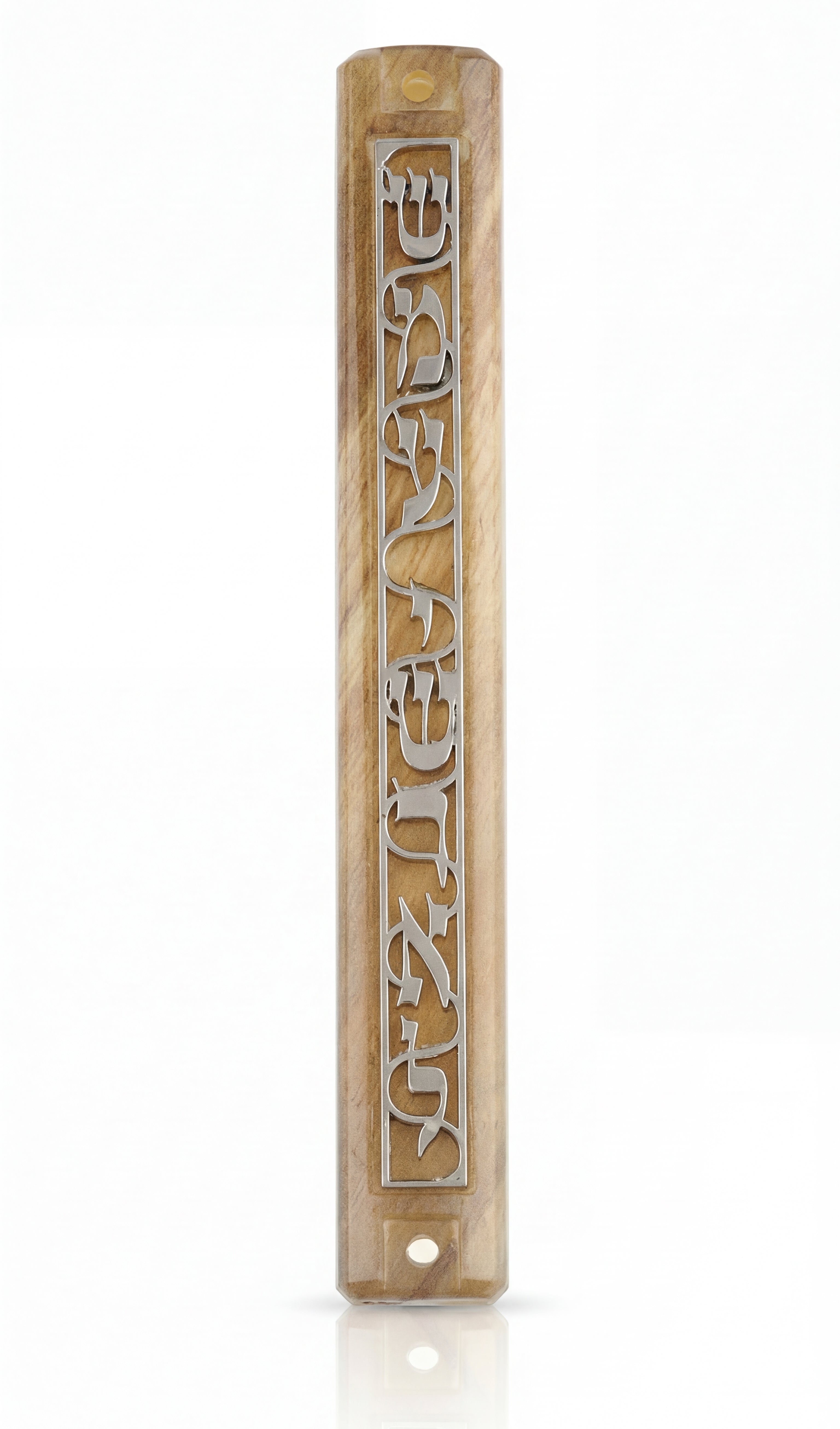 Close-up of acrylic Shema Mezuzah on white background with reflection, highlighting intricate details and craftsmanship.