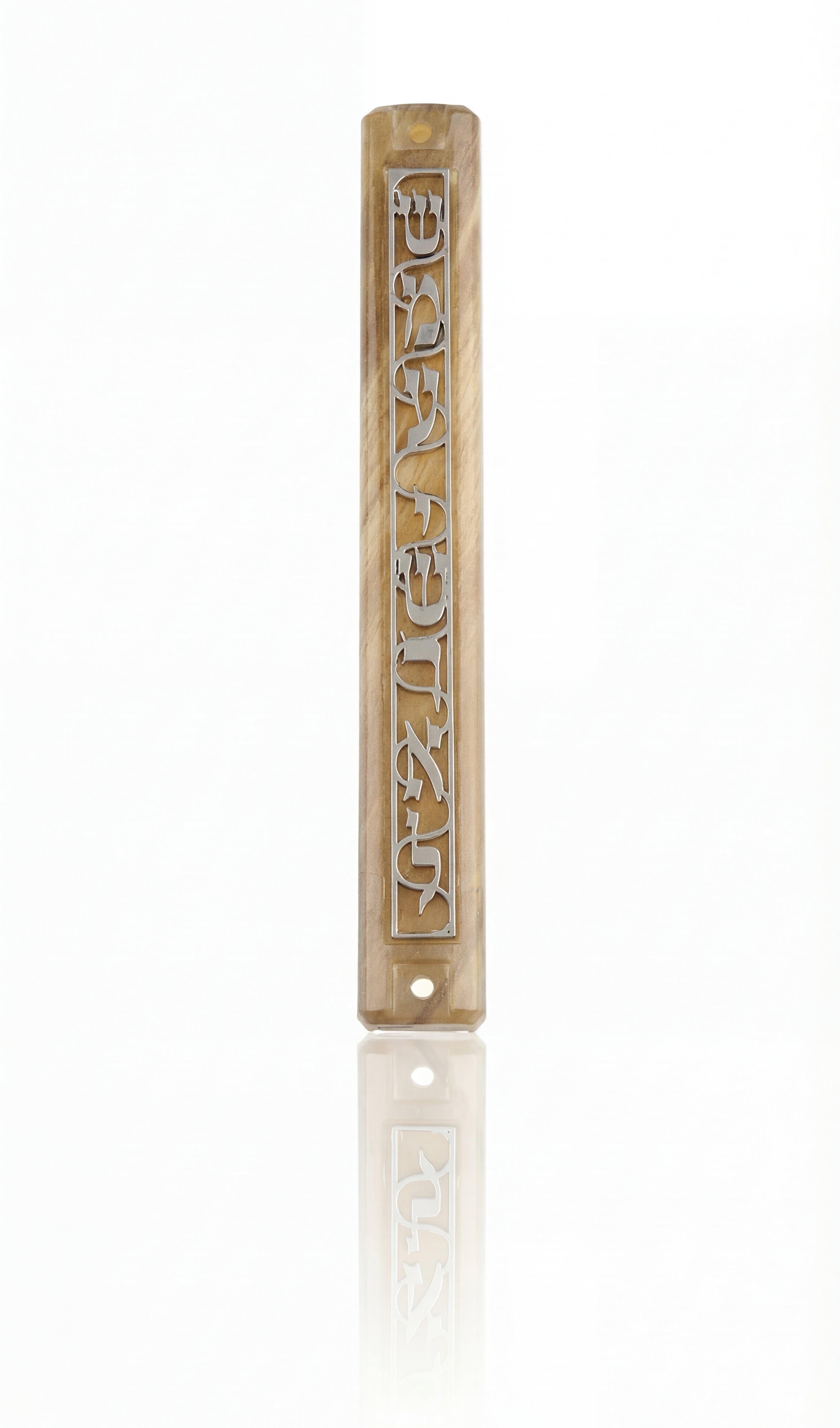 Acrylic Shema Mezuzah on white background with subtle reflection, front view showing detailed design and Hebrew writing.