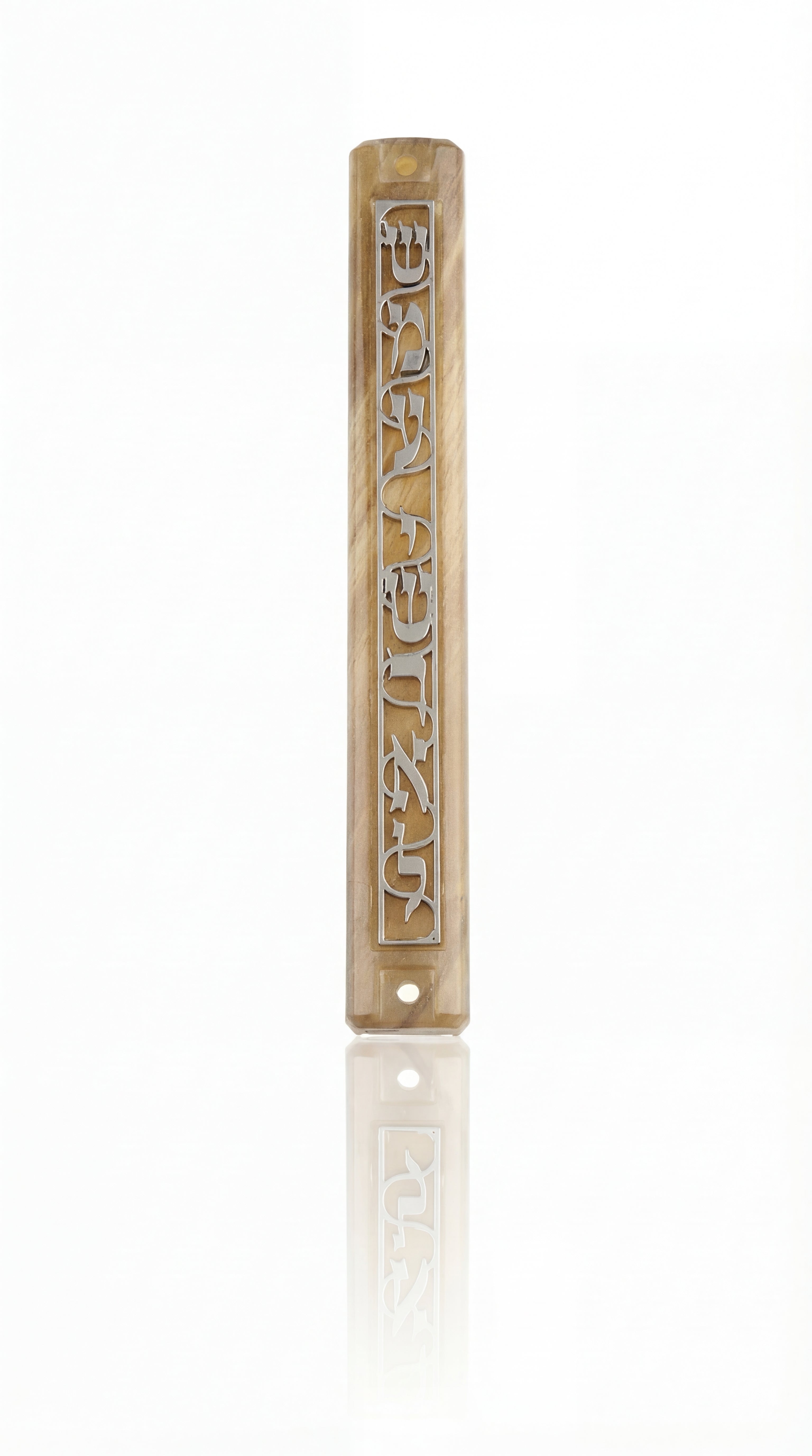 Acrylic Shema Mezuzah on white background with subtle reflection, front view showing detailed design and Hebrew writing.