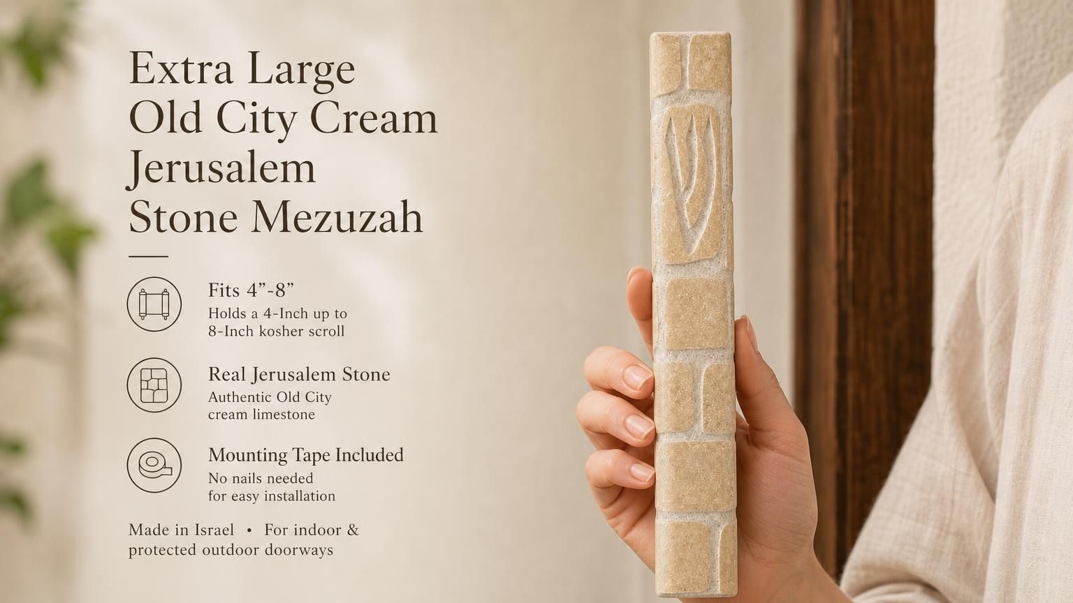 Close-up of cream Jerusalem stone mezuzah in hand with neutral background, highlighting material and finish.