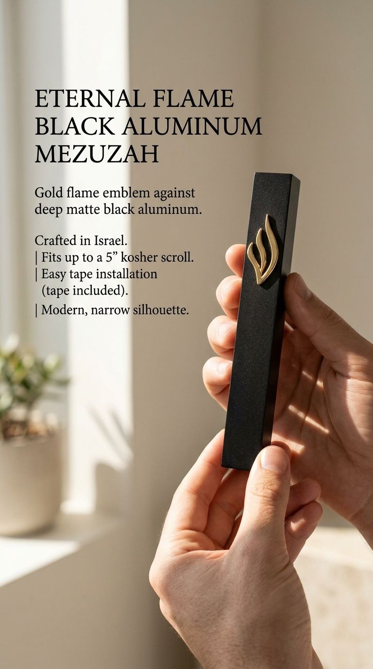 Elegant hand-holding the black aluminum mezuzah against a neutral, understated background for product emphasis.