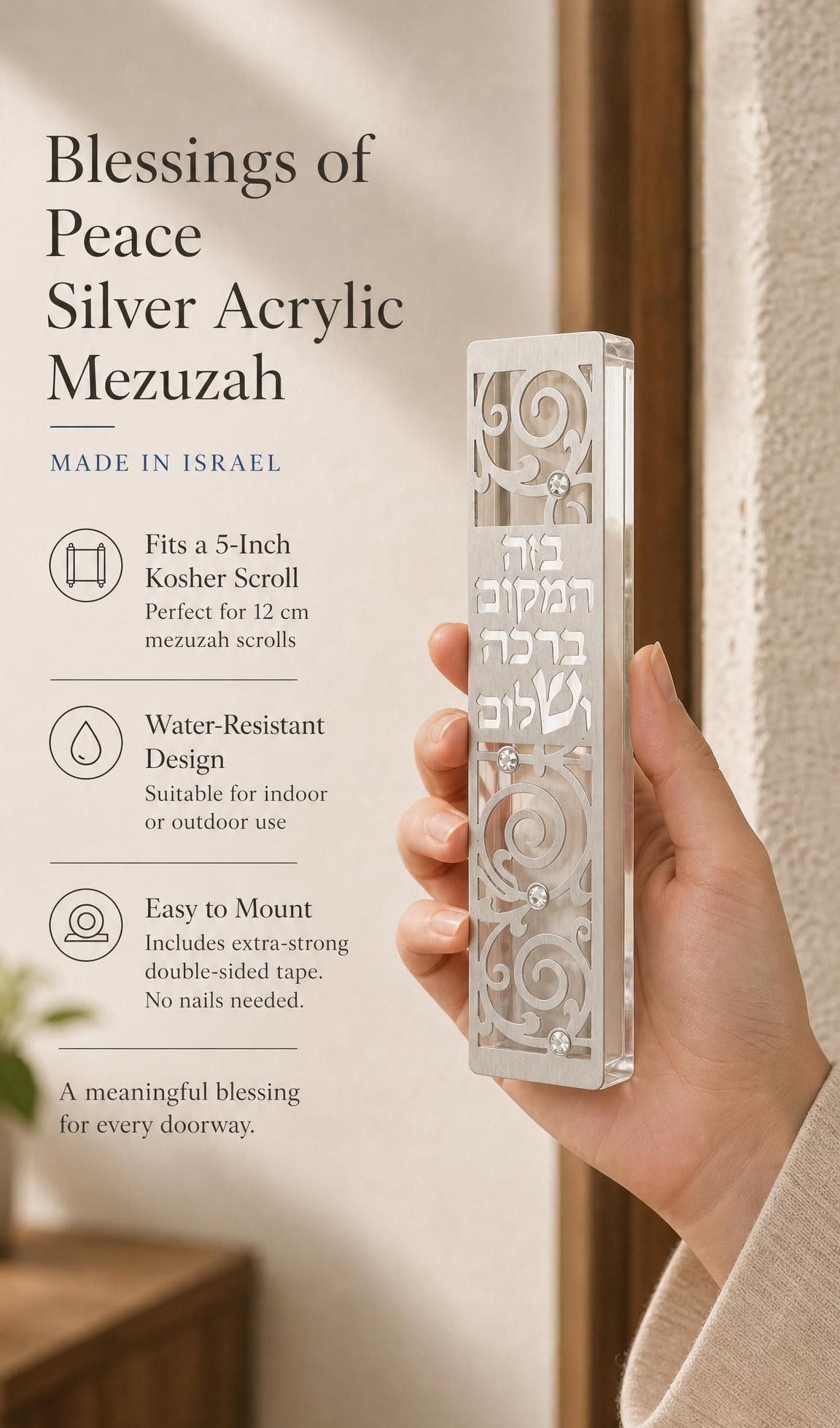 Person holding the Blessings of Peace Silver Acrylic Mezuzah in a balanced, stylish composition for product promotion, with clear visibility of the product.