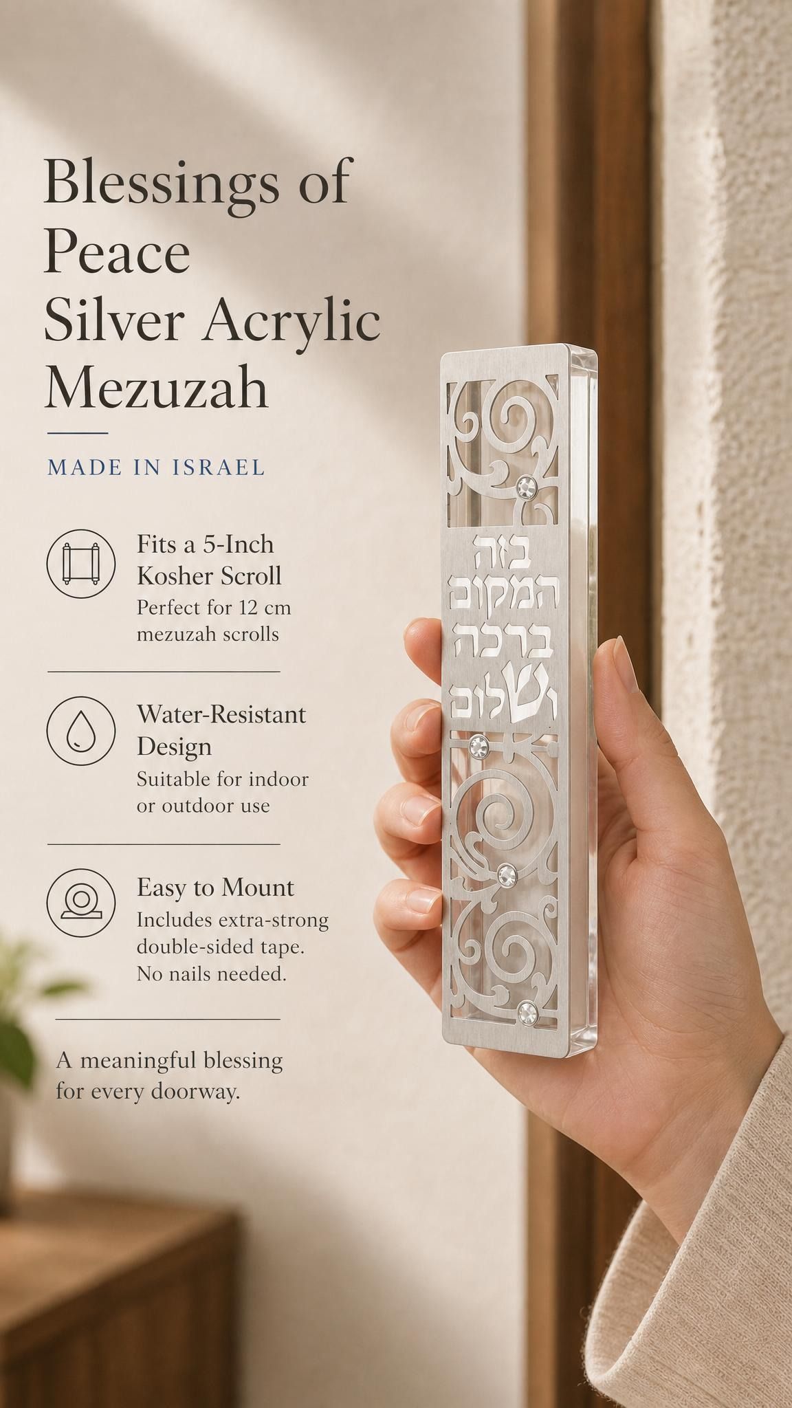 Person holding the Blessings of Peace Silver Acrylic Mezuzah in a balanced, stylish composition for product promotion, with clear visibility of the product.