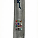 High-quality pewter Mendy Mezuzah, 6 inches tall, designed for home doors and blessings, with detailed Hebrew engravings on a white studio background.