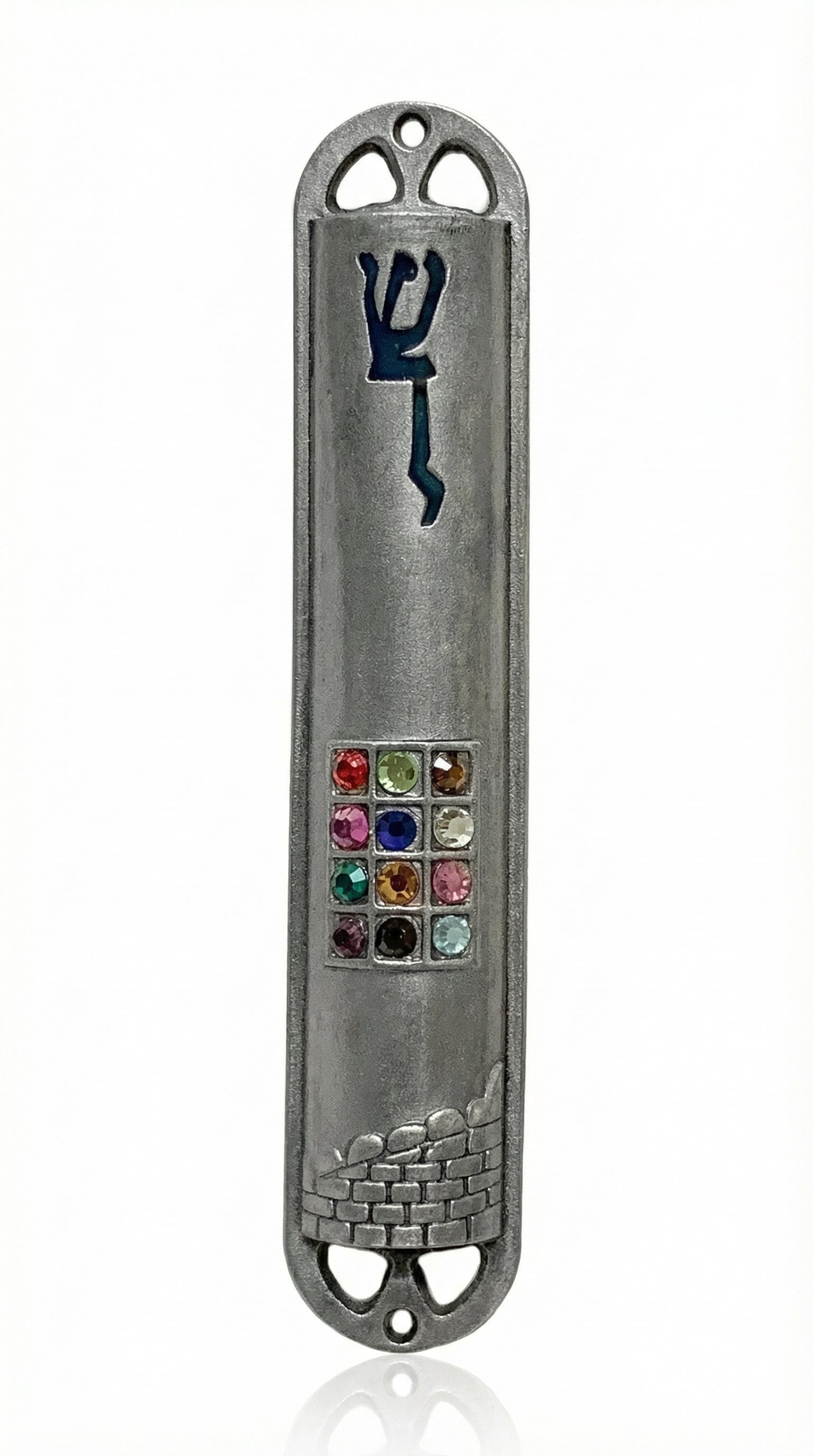 High-quality pewter Mendy Mezuzah, 6 inches tall, designed for home doors and blessings, with detailed Hebrew engravings on a white studio background.