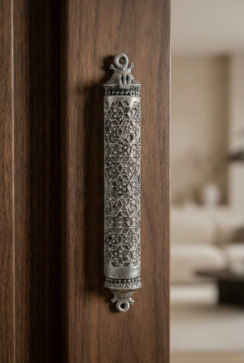 mezuzah affixed to an elegant, modern door in a minimalist interior
