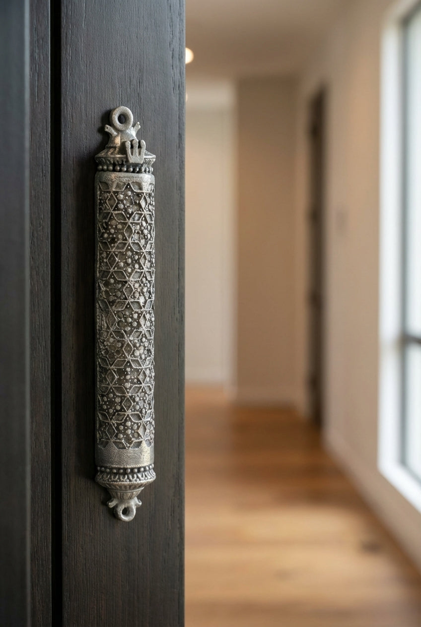 Contemporary interior scene with the mezuzah attached to a sleek, modern door in a softly lit hallway