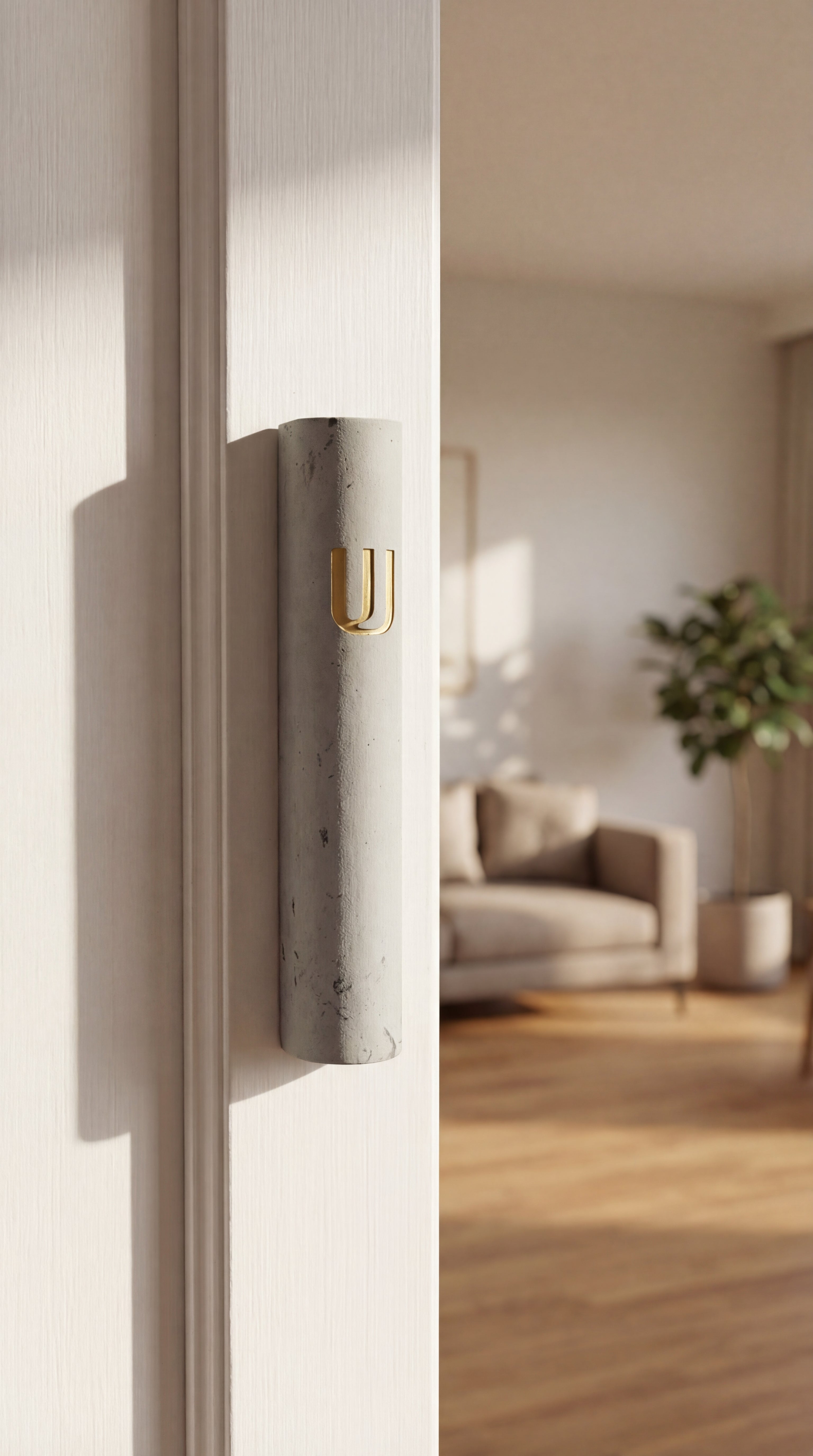 Gray cement Mezuzah with gold accents mounted on a doorframe, with visible screws and a matching room decor, high resolution.