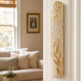 Realistic indoor scene with Jerusalem stone mezuzah mounted vertically on a doorpost at entry, demonstrating authentic materials and placement.