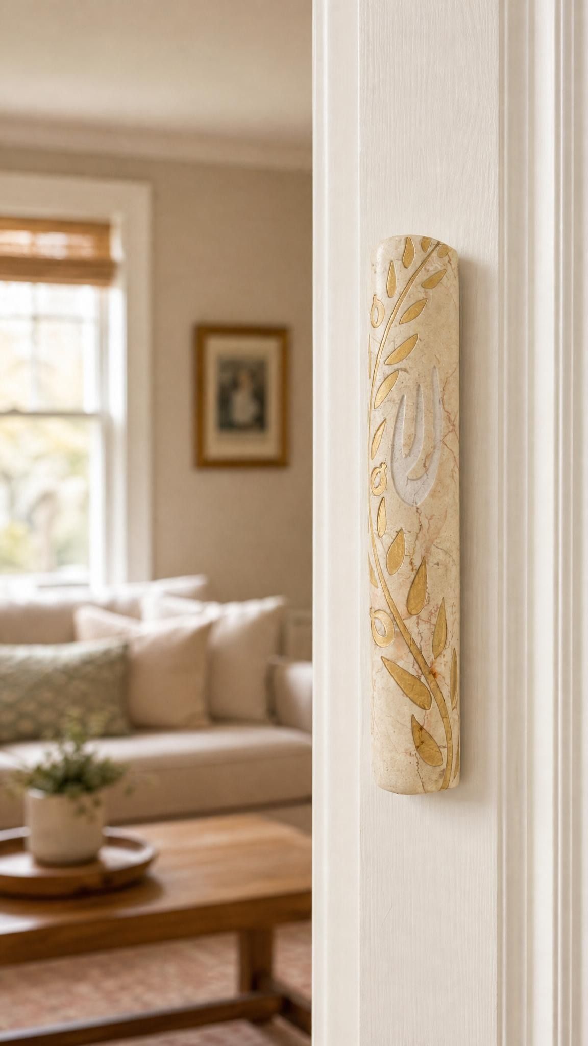 Realistic indoor scene with Jerusalem stone mezuzah mounted vertically on a doorpost at entry, demonstrating authentic materials and placement.