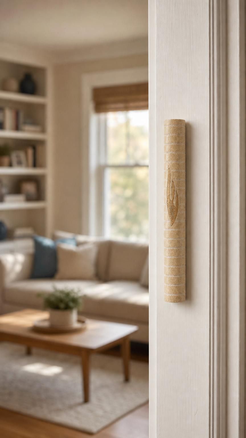 Jerusalem stone mezuzah mounted on residential doorpost, demonstrating placement and scale in home setting.