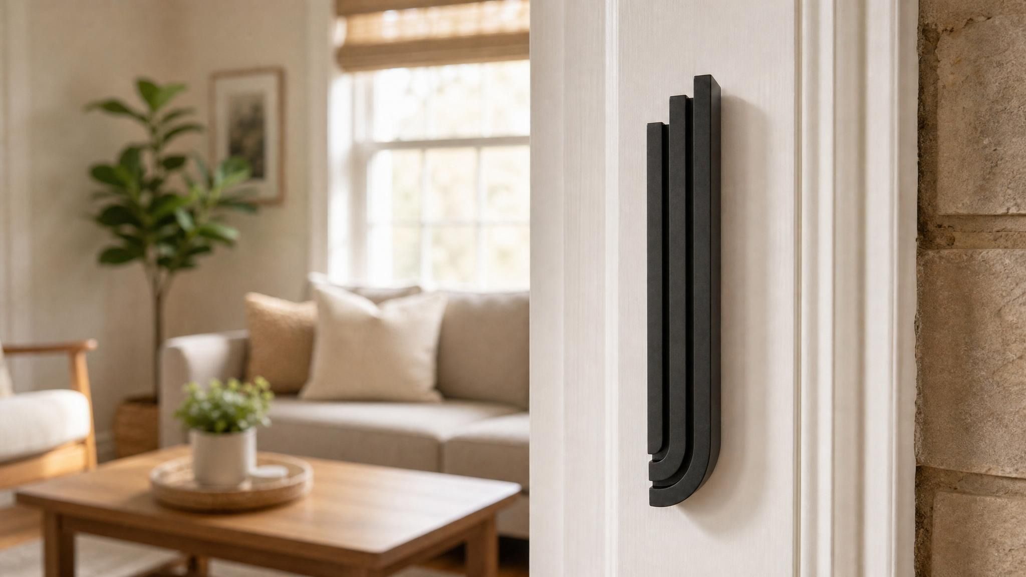 Black aluminum Midnight Black Cascade Mezuzah mounted on a residential doorpost in natural indoor lighting.