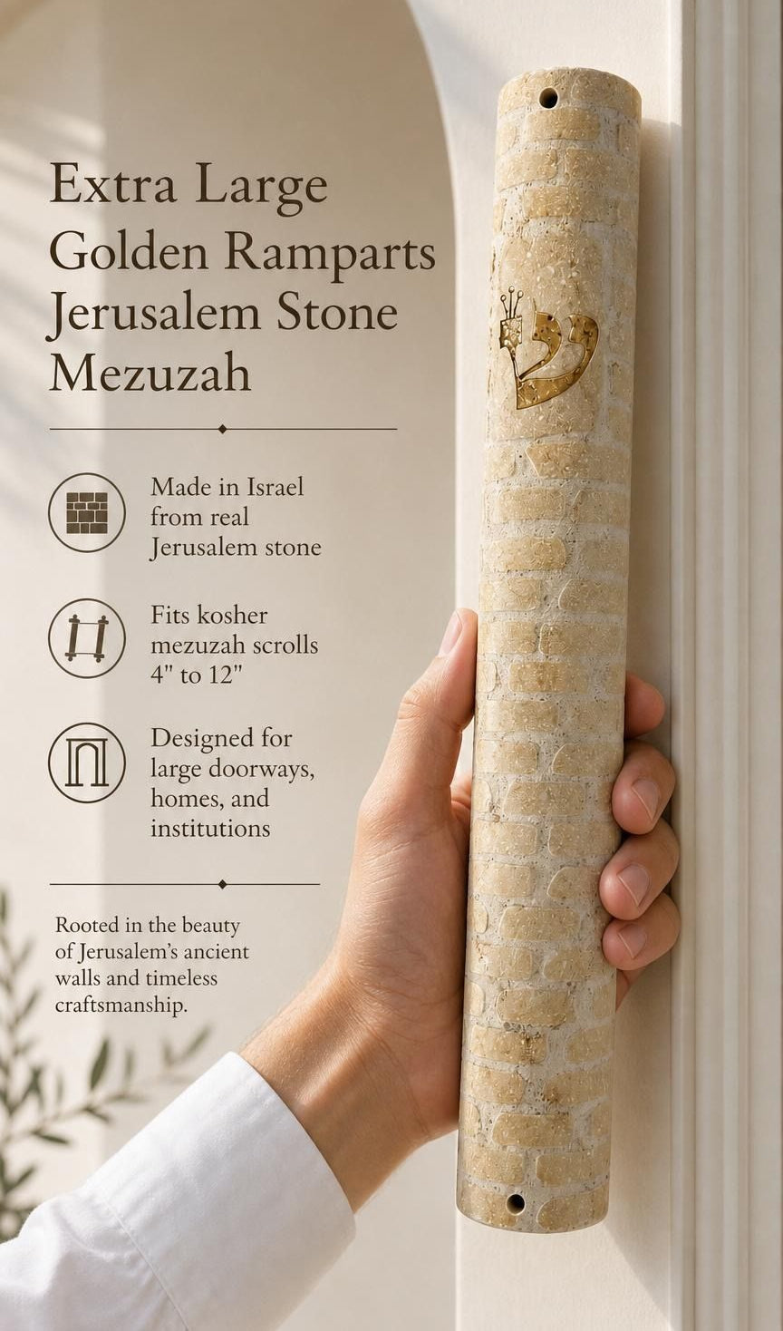 Hand displaying the Jerusalem stone mezuzah with warm natural lighting, refined typography, and generous space for editing in a 9:16 composition.
