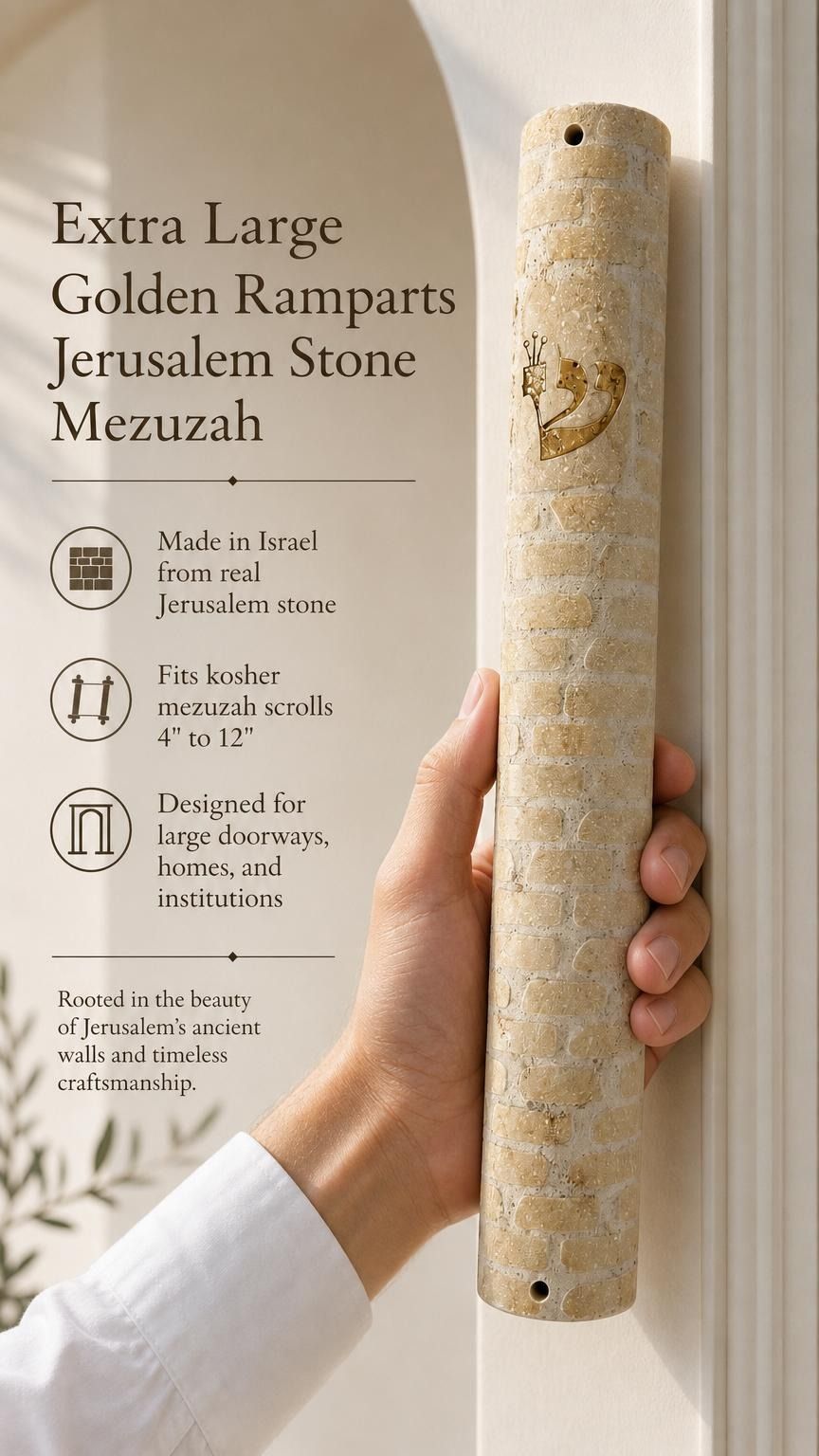 Hand displaying the Jerusalem stone mezuzah with warm natural lighting, refined typography, and generous space for editing in a 9:16 composition.