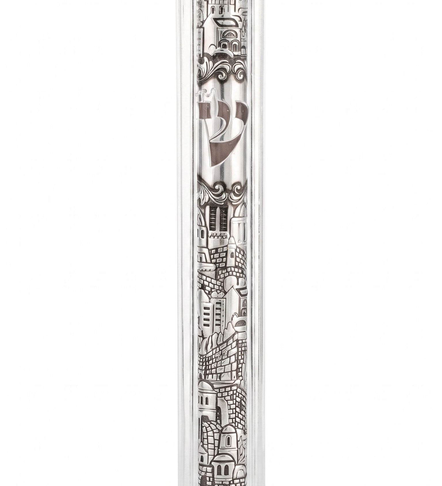 High-resolution studio image of a precise metal mezuzah with true dimensions and hardware, centered on a pure white background.