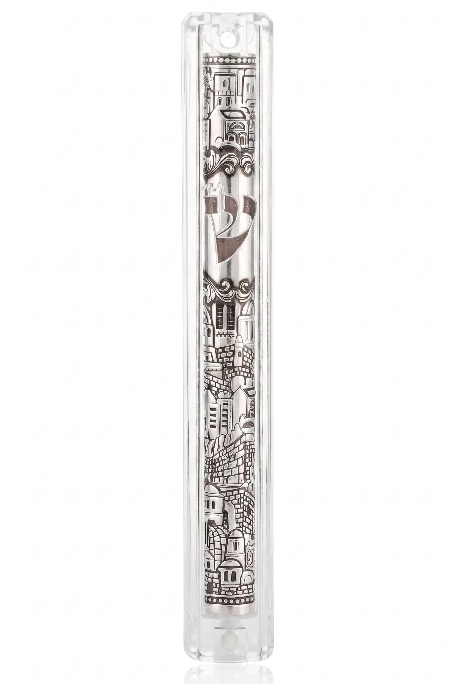 High-resolution studio image of a precise metal mezuzah with true dimensions and hardware, centered on a pure white background.