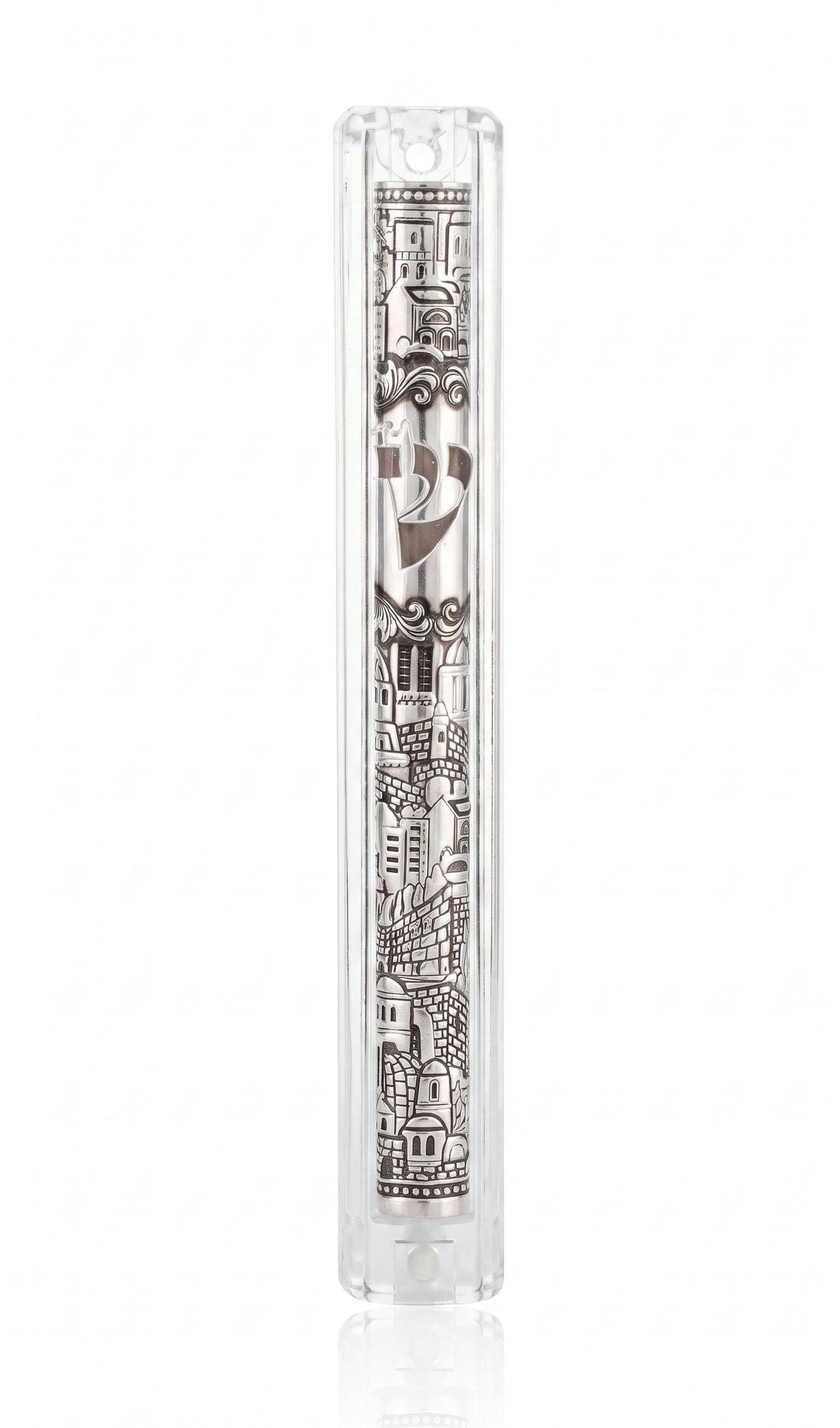 High-resolution studio image of a precise metal mezuzah with true dimensions and hardware, centered on a pure white background.