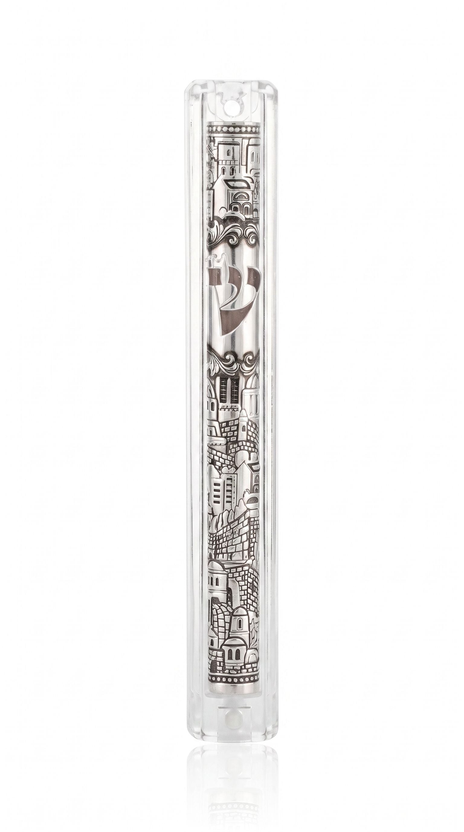 High-resolution studio image of a precise metal mezuzah with true dimensions and hardware, centered on a pure white background.