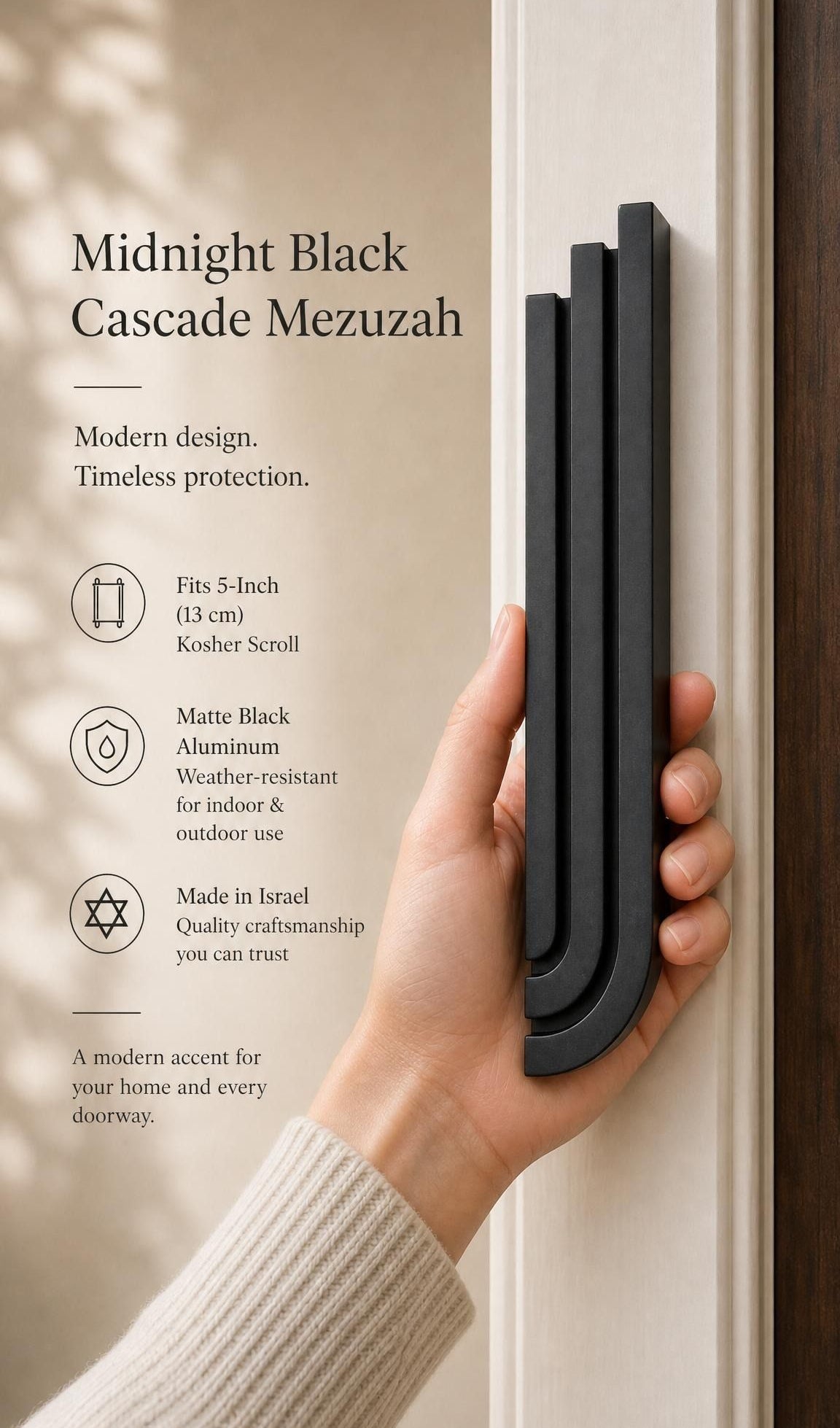 Close-up of Midnight Black Cascade Mezuzah made of aluminum with architectural rising bars, mounted on a doorway.