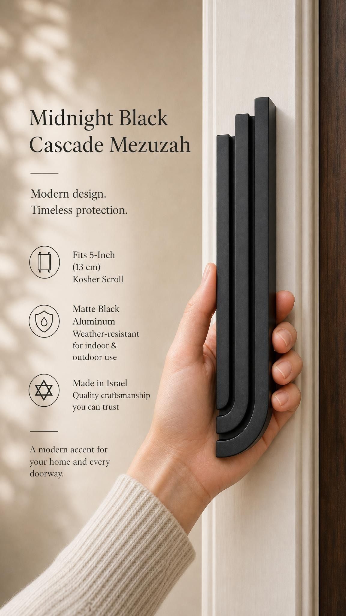 Close-up of Midnight Black Cascade Mezuzah made of aluminum with architectural rising bars, mounted on a doorway.