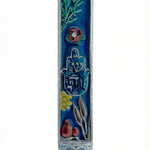 High-resolution image of a midnight Jerusalem pewter mezuzah with detailed Hebrew engravings and decorative motifs, on a pure white background with subtle reflection.