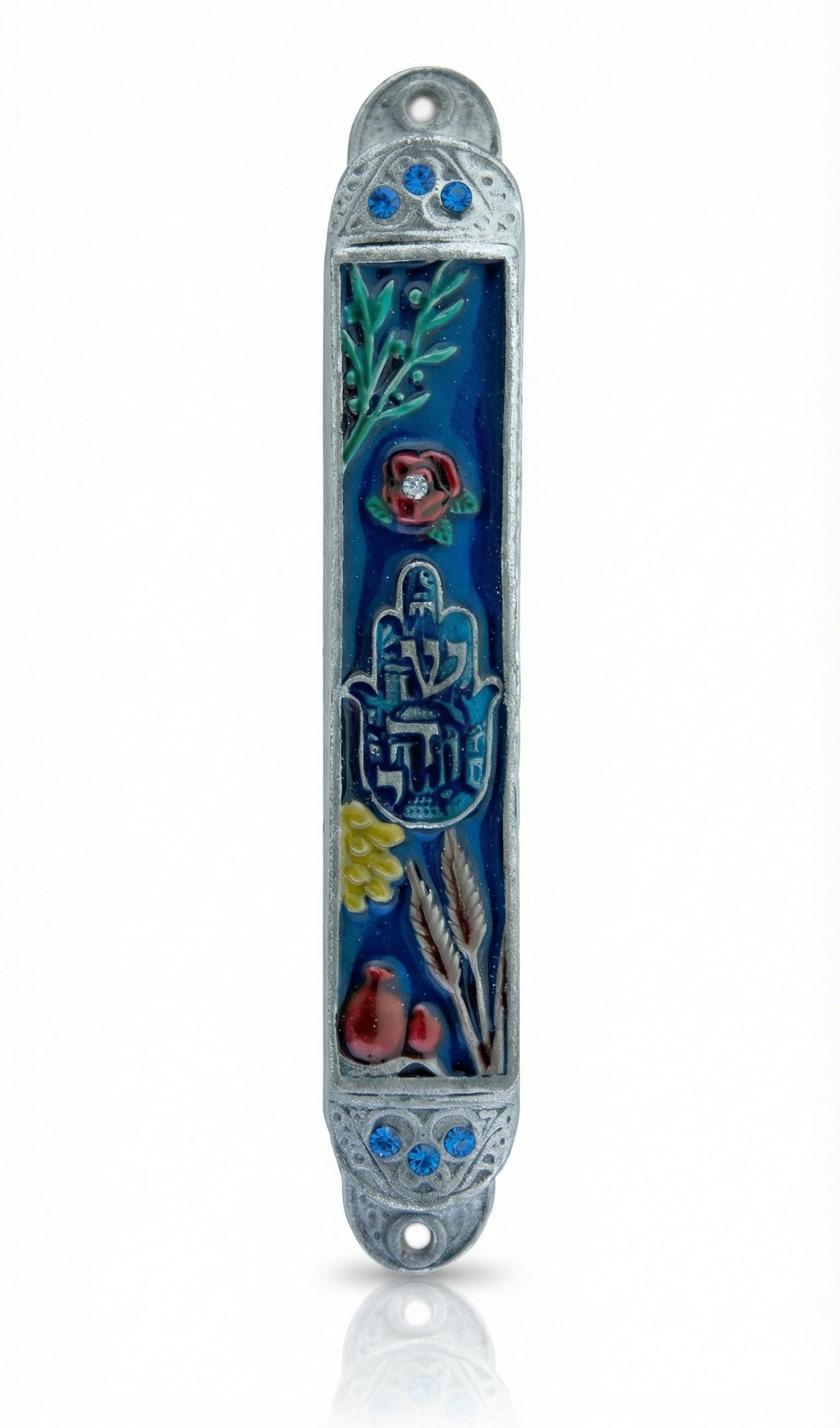 High-resolution image of a midnight Jerusalem pewter mezuzah with detailed Hebrew engravings and decorative motifs, on a pure white background with subtle reflection.
