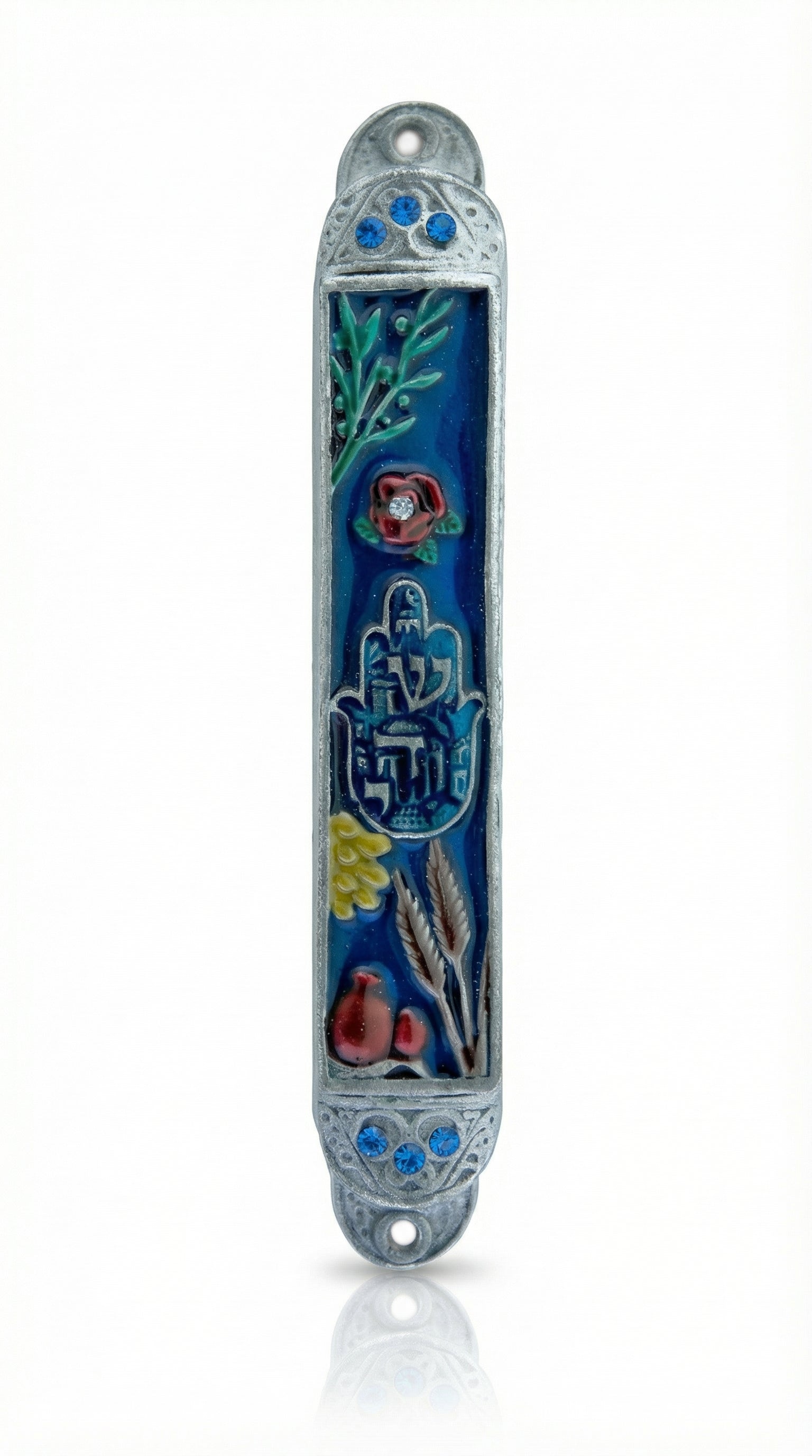 High-resolution image of a midnight Jerusalem pewter mezuzah with detailed Hebrew engravings and decorative motifs, on a pure white background with subtle reflection.