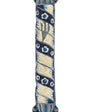 Blue pewter and enamel mezuzah with Hebrew engraved details and decorative motifs, displayed on a white background with soft reflection.