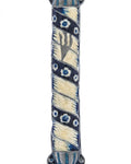 Blue pewter and enamel mezuzah with Hebrew engraved details and decorative motifs, displayed on a white background with soft reflection.