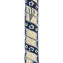 Blue pewter and enamel mezuzah with Hebrew engraved details and decorative motifs, displayed on a white background with soft reflection.
