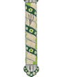 Green Pewter Mindful Garden Mezuzah with Hebrew letters and decorative motifs, on a white studio background with a soft reflection.