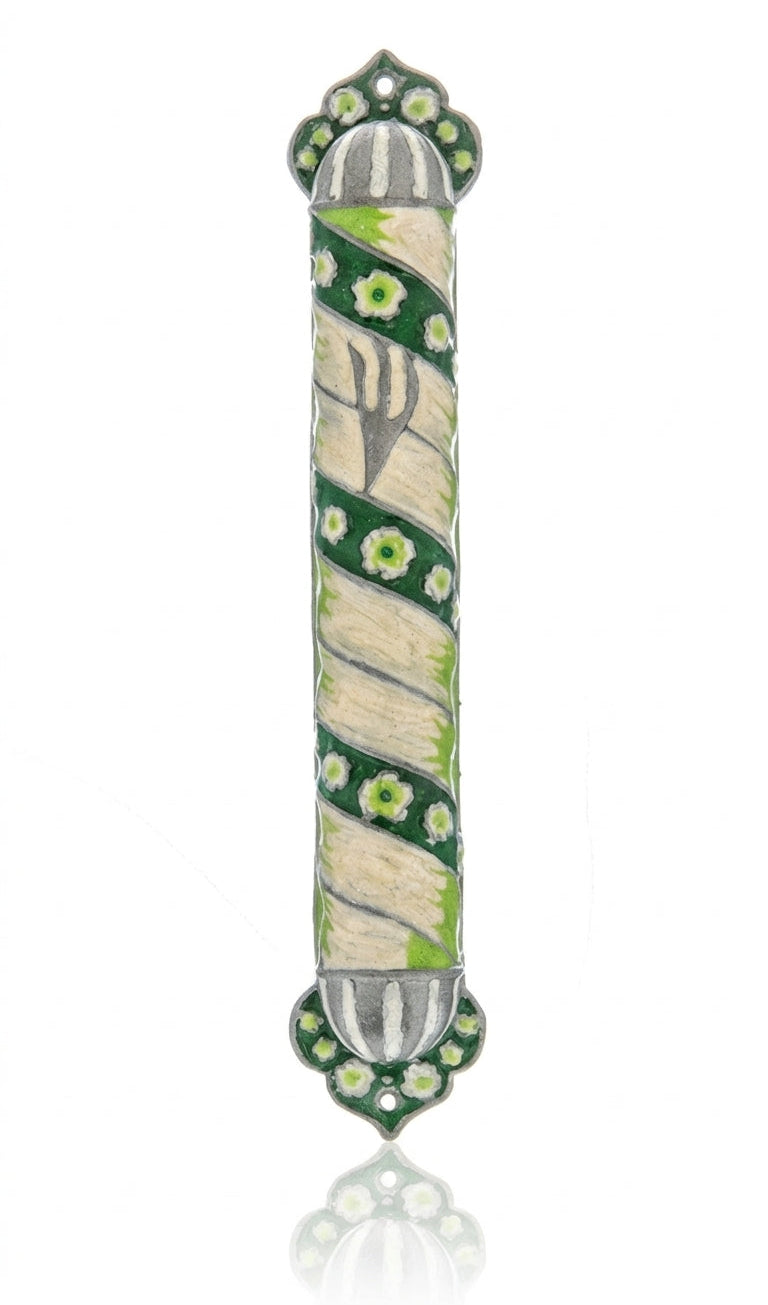 Green Pewter Mindful Garden Mezuzah with Hebrew letters and decorative motifs, on a white studio background with a soft reflection.