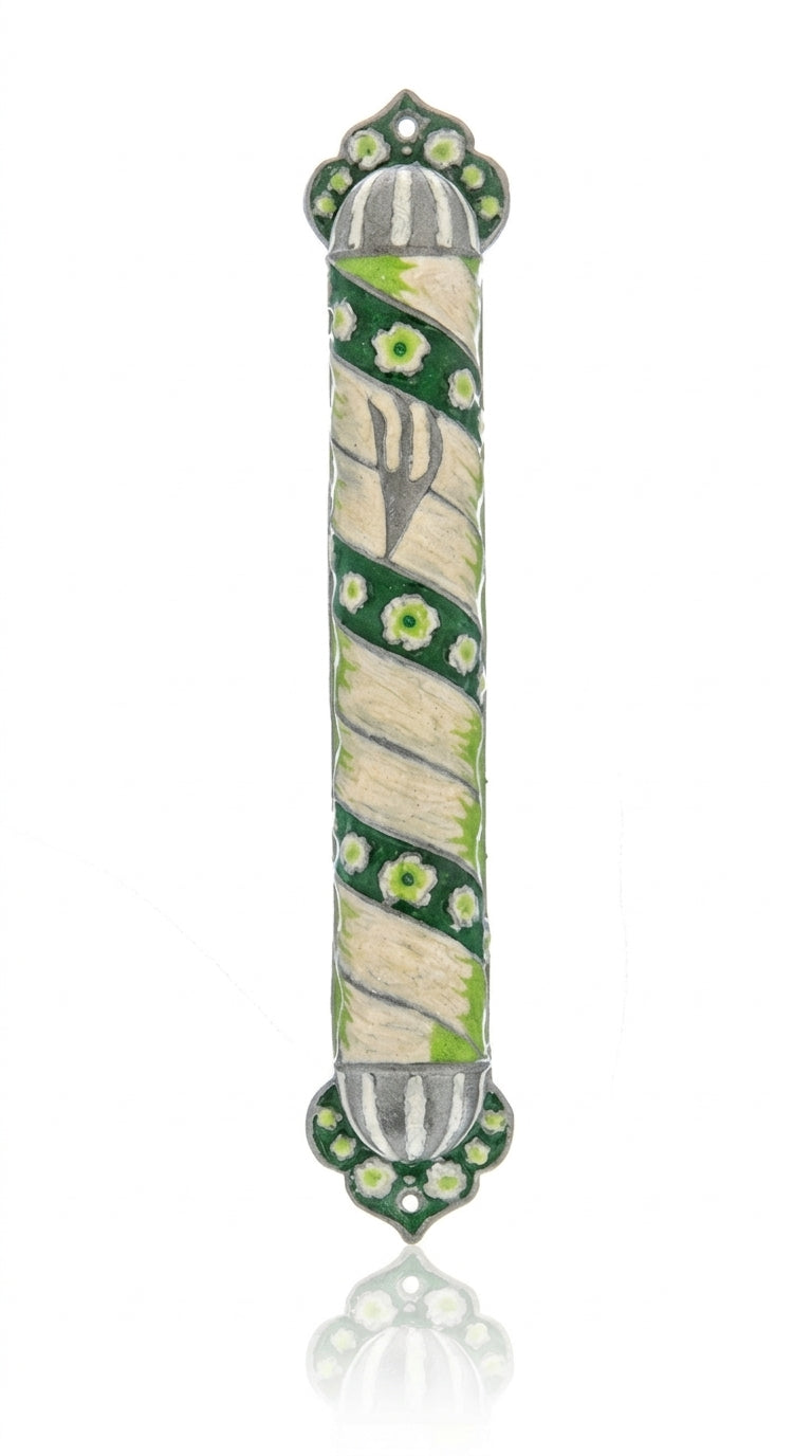Green Pewter Mindful Garden Mezuzah with Hebrew letters and decorative motifs, on a white studio background with a soft reflection.