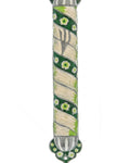 Green Pewter Mindful Garden Mezuzah with Hebrew letters and decorative motifs, on a white studio background with a soft reflection.