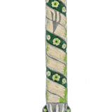 Green Pewter Mindful Garden Mezuzah with Hebrew letters and decorative motifs, on a white studio background with a soft reflection.