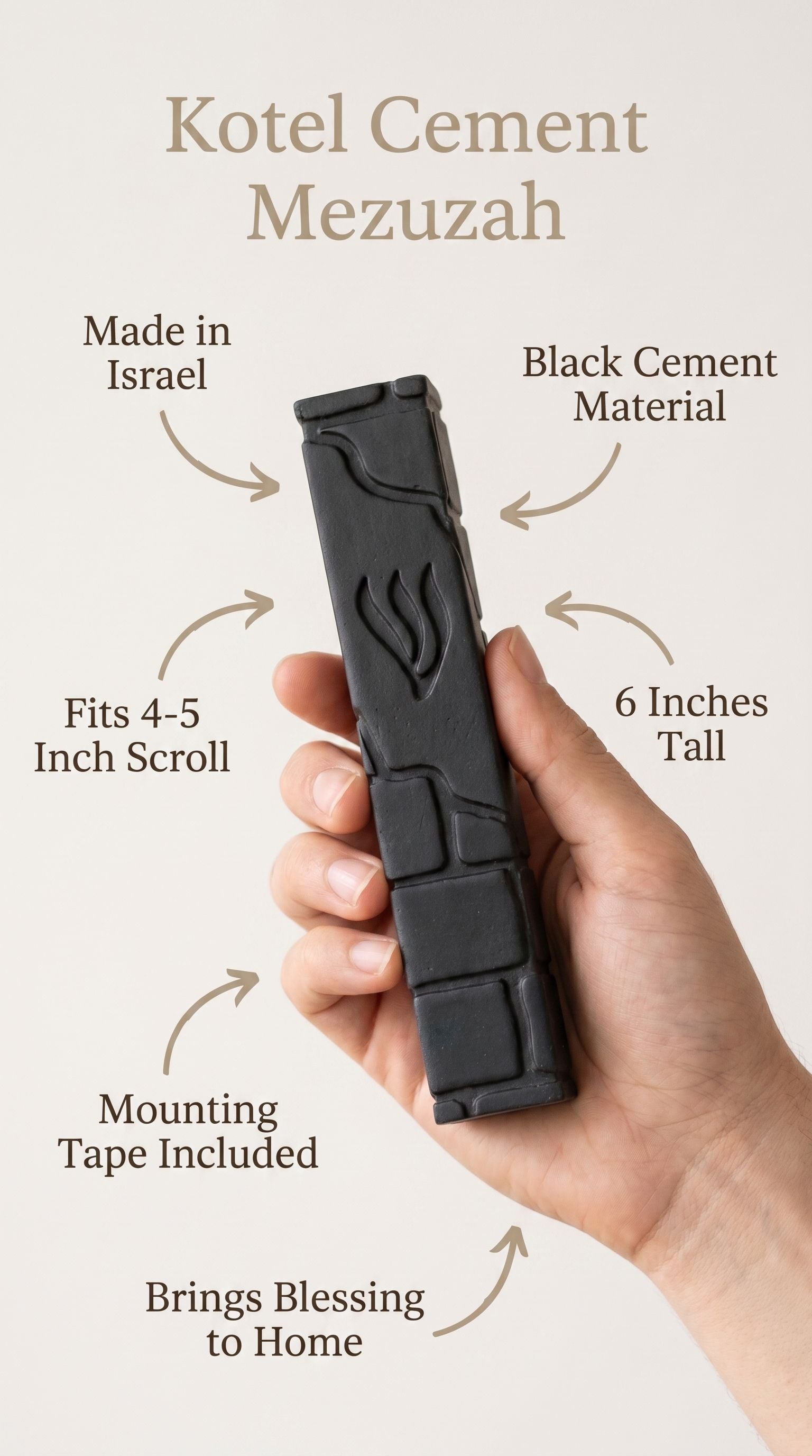 Close-up of a person gently holding a black cement mezuzah, emphasizing its size, material, and design details in a clean, minimalist layout.