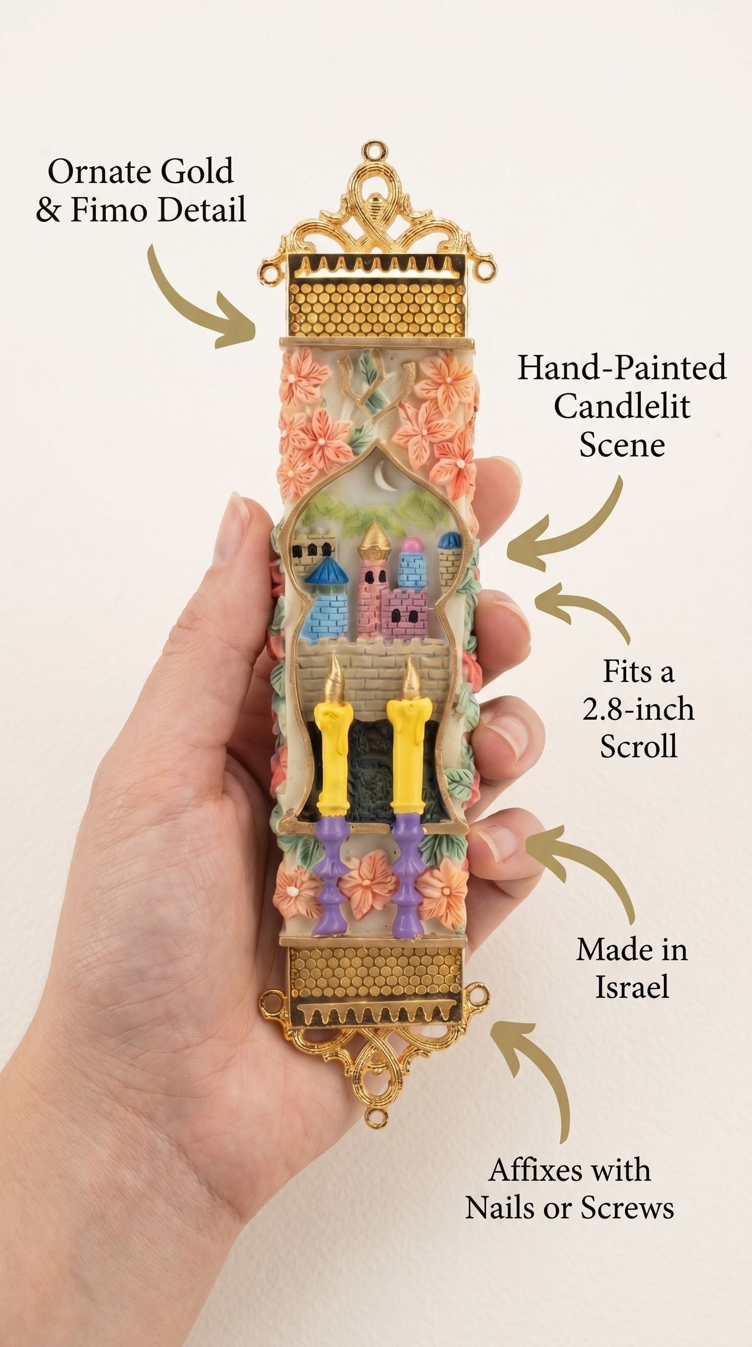 Person holding the decorative Golden Shabbat Candlelight Mezuzah, showcasing its detailed design and texture.