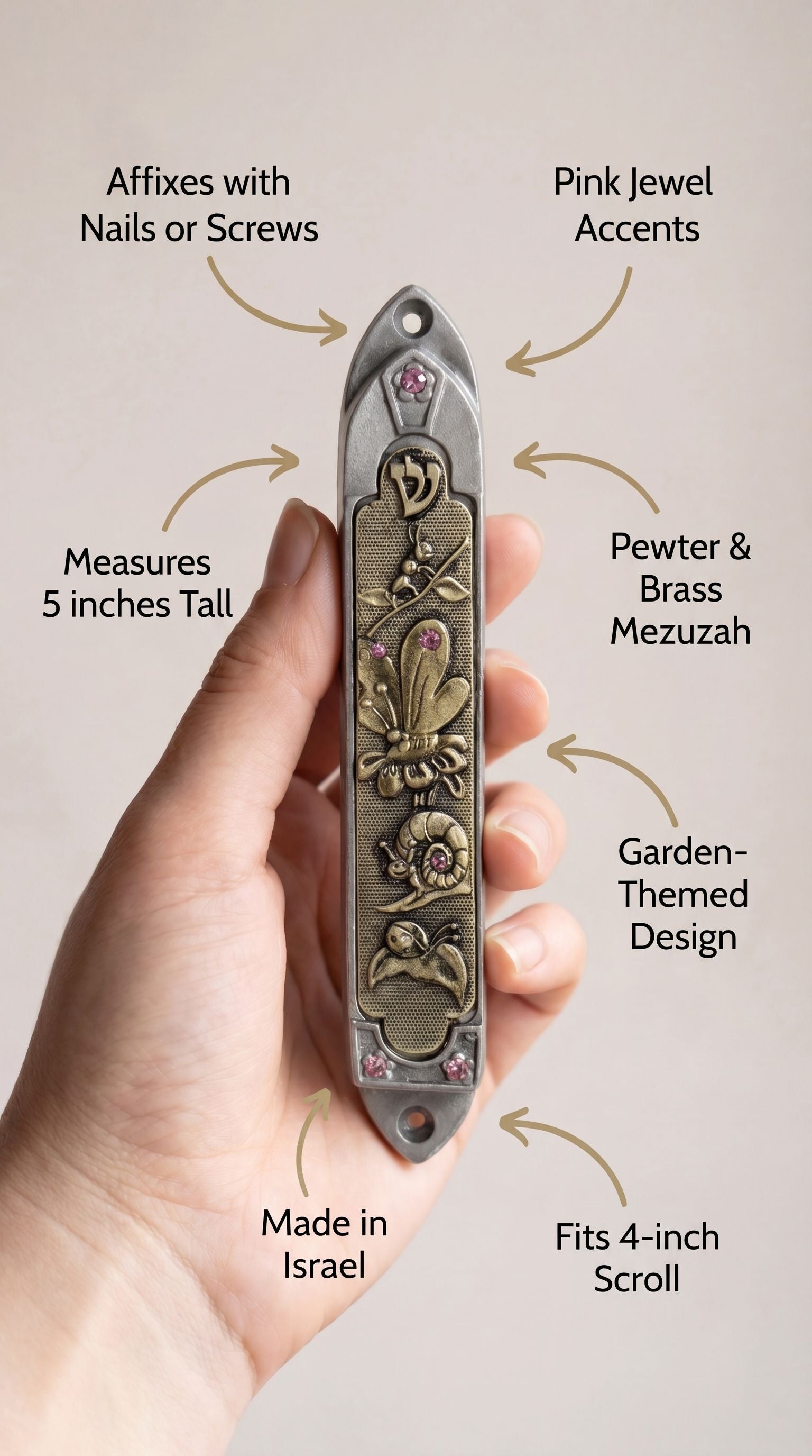 Clean callout image of a person holding a Garden Jewel Pewter Mezuzah, emphasizing its design and material details.