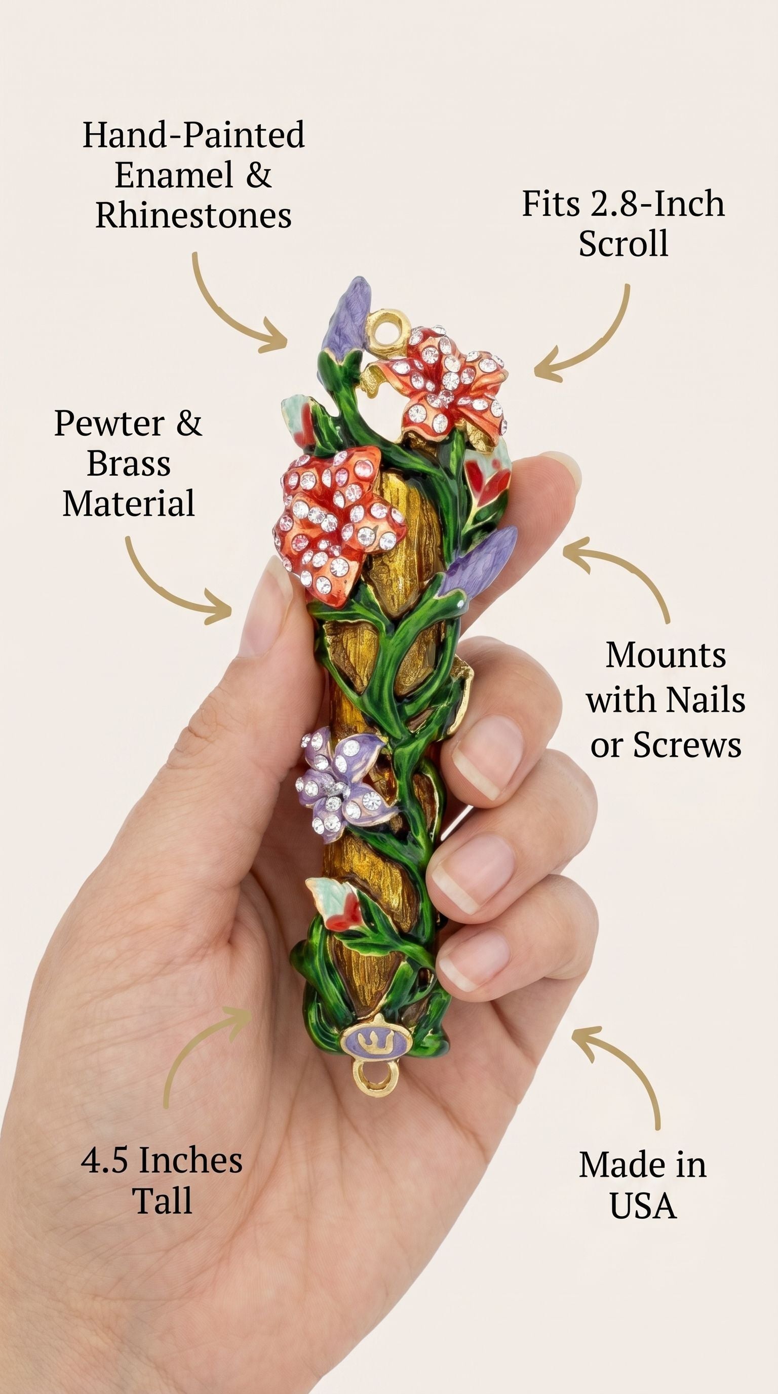 Person holding the colorful flowers mezuzah in a subtle, minimalist style with focus on product details.